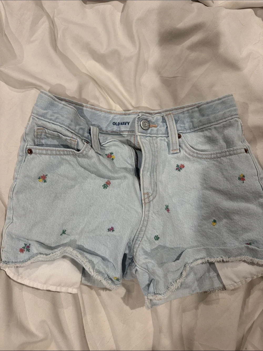 Girls Old Navy Light Wash Denim Shorts with Floral Embroidery